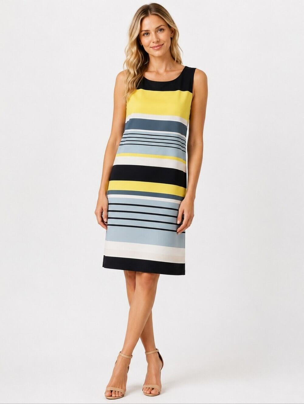 Vince Camuto Sleeveless Harmony Striped Shift Dress in Yellow, Blue & Black